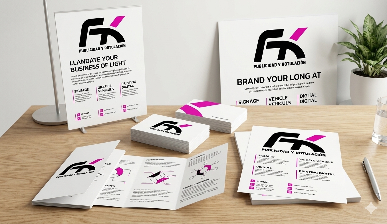 Folletos plegados, flyers y tarjetas de visita impresos con diseño corporativo